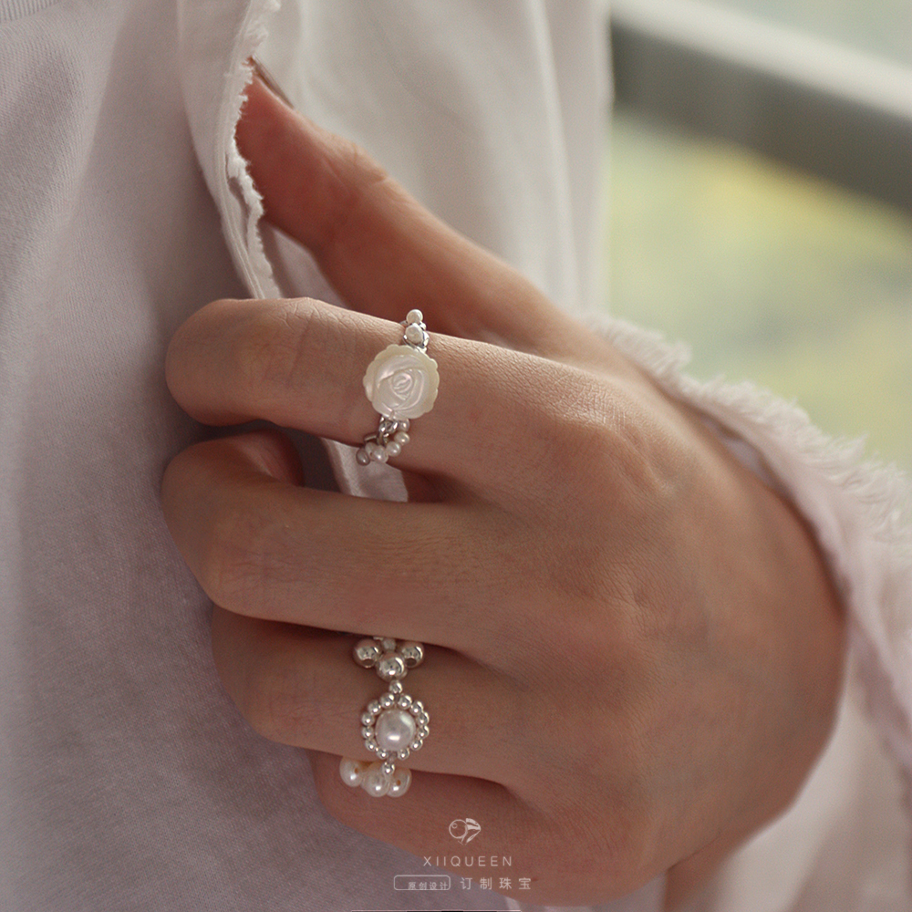 「冷焰火」原创设计手工编织淡水珍珠戒指14k注金 通体纯银可调节