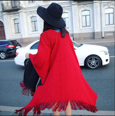 女大红色仿羊绒围巾开叉披肩两用超长加厚斗篷韩版双面女士秋冬季