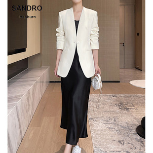 Sandro Hepburn高级感醋酸面料薄款西装女装外套V领气质上衣短款