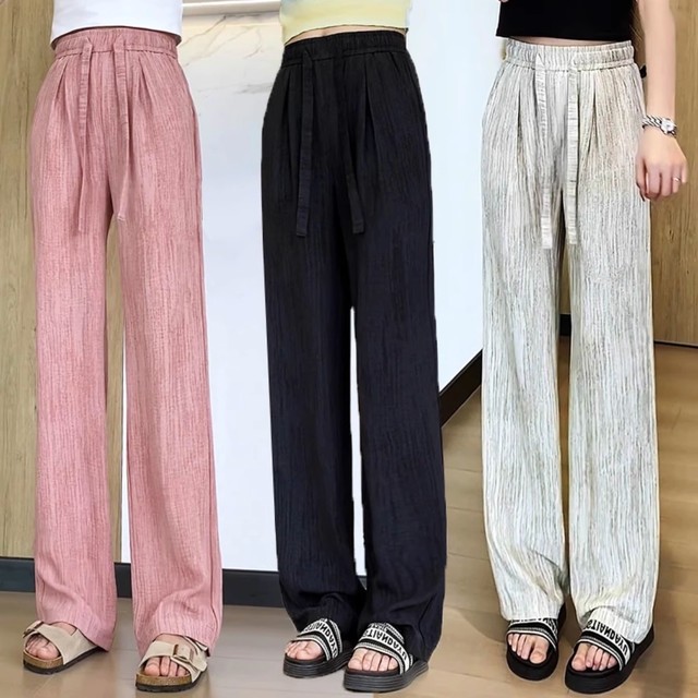 天丝棉麻阔腿裤女夏季薄款高腰垂感亚麻白色冰丝直筒慵懒拖地裤子