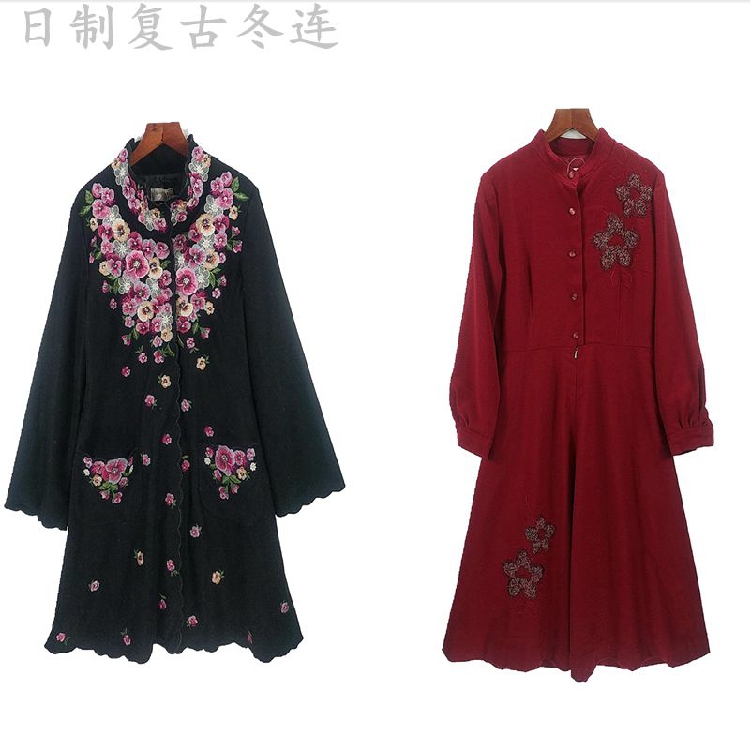 古着vintage日本制羊毛呢丝绒真丝复古秋冬款洋装长袖显瘦连衣裙