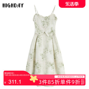 highday轩日2024春夏修身水墨印花吊带裙女新中式假两件连衣裙ins