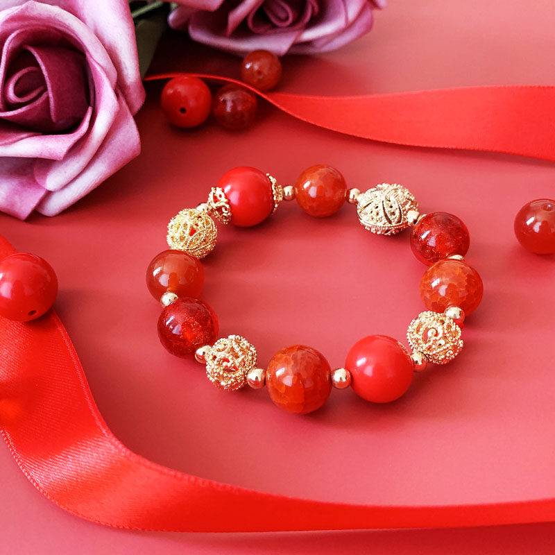红玛瑙红色手链女本命年虎年多宝朱砂琉璃手串圣诞情人节新年礼物