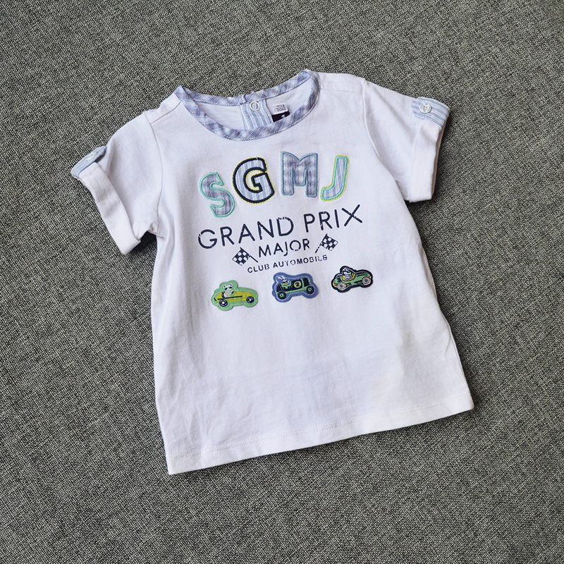 清仓原单婴幼新生儿男童夏季纯棉字母刺绣小车短袖T恤上衣0-6个月