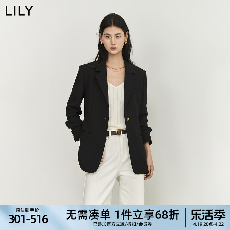 LILY2024春新款女装商务通勤时尚复古一粒扣修身休闲黑色西装外套