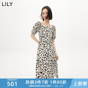【天丝亚麻】LILY夏新款女装法式复古方领泡泡袖通勤风连衣裙