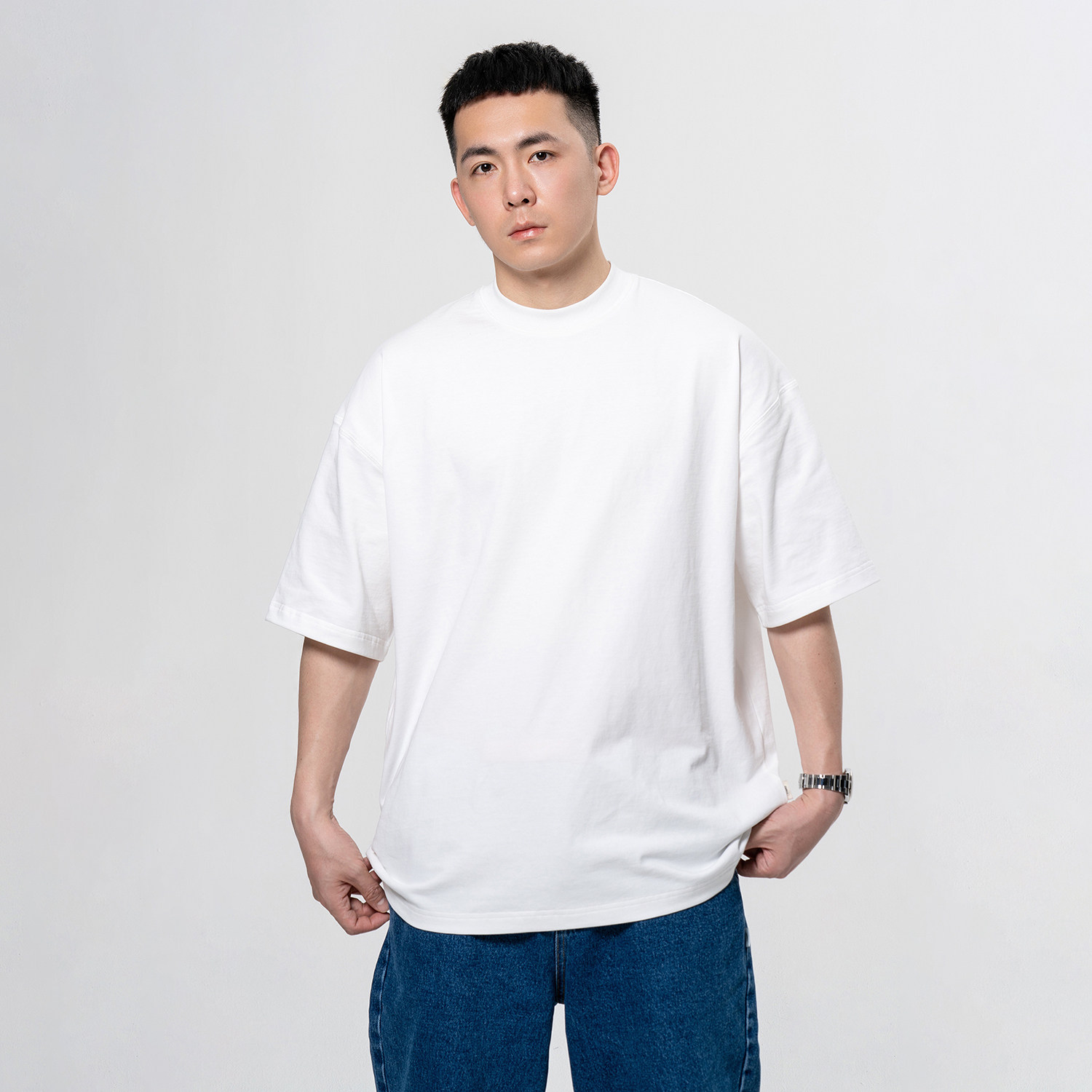 ttbro原创 定制280g双纱长绒棉重磅纯色小领口短袖t恤男宽松舒适