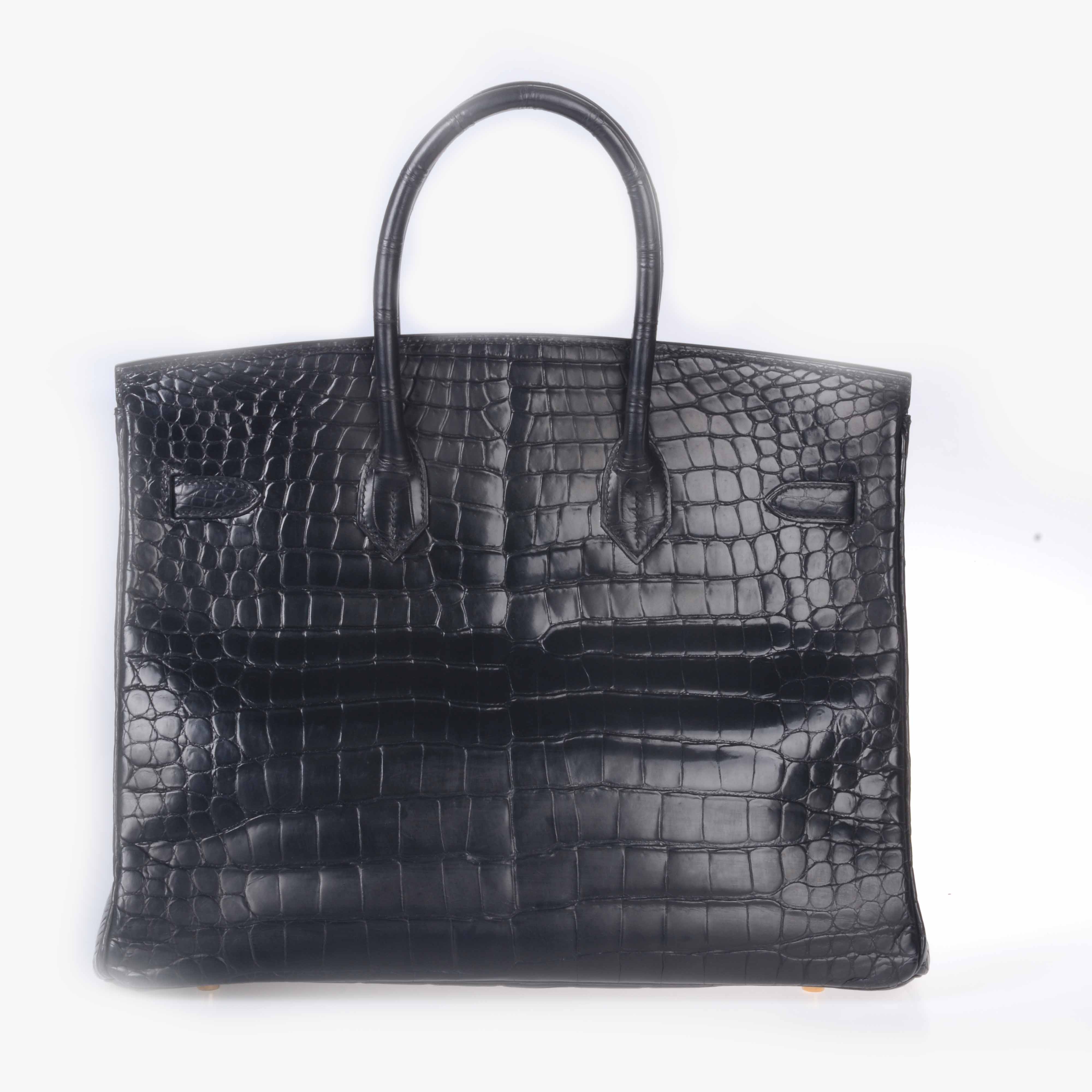 【9新】爱马仕铂金包birkin35倒v黑色鳄鱼皮金扣手提包