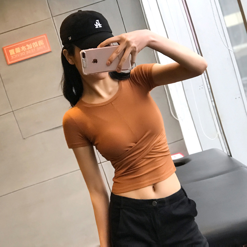 显瘦运动上衣女性感露脐速干紧身瑜伽服短袖t恤跑步健身衣春夏季