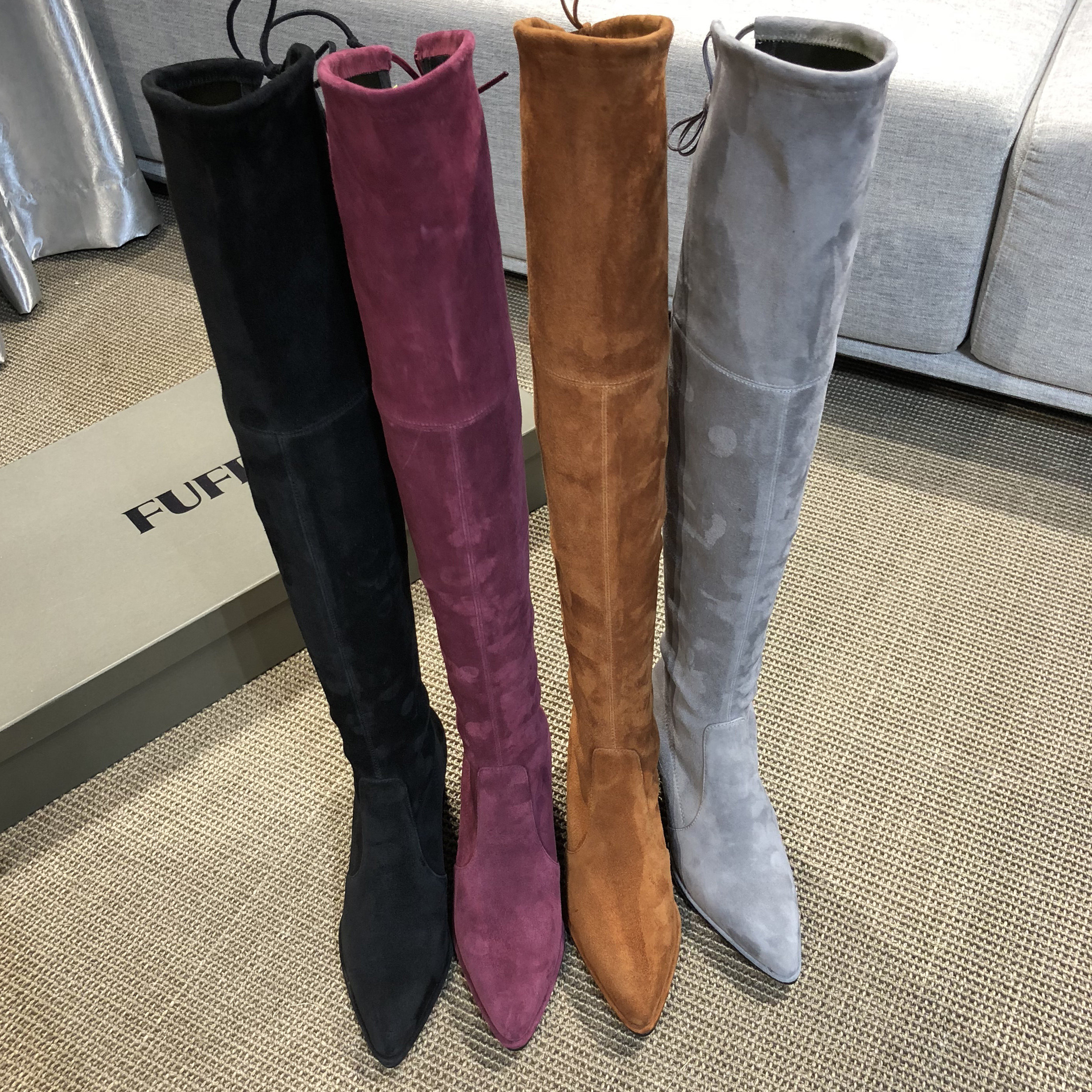 芙妃松哥定制 6cm高跟全弹力羊猄过膝长靴跟粗尖头长筒靴麂皮女靴