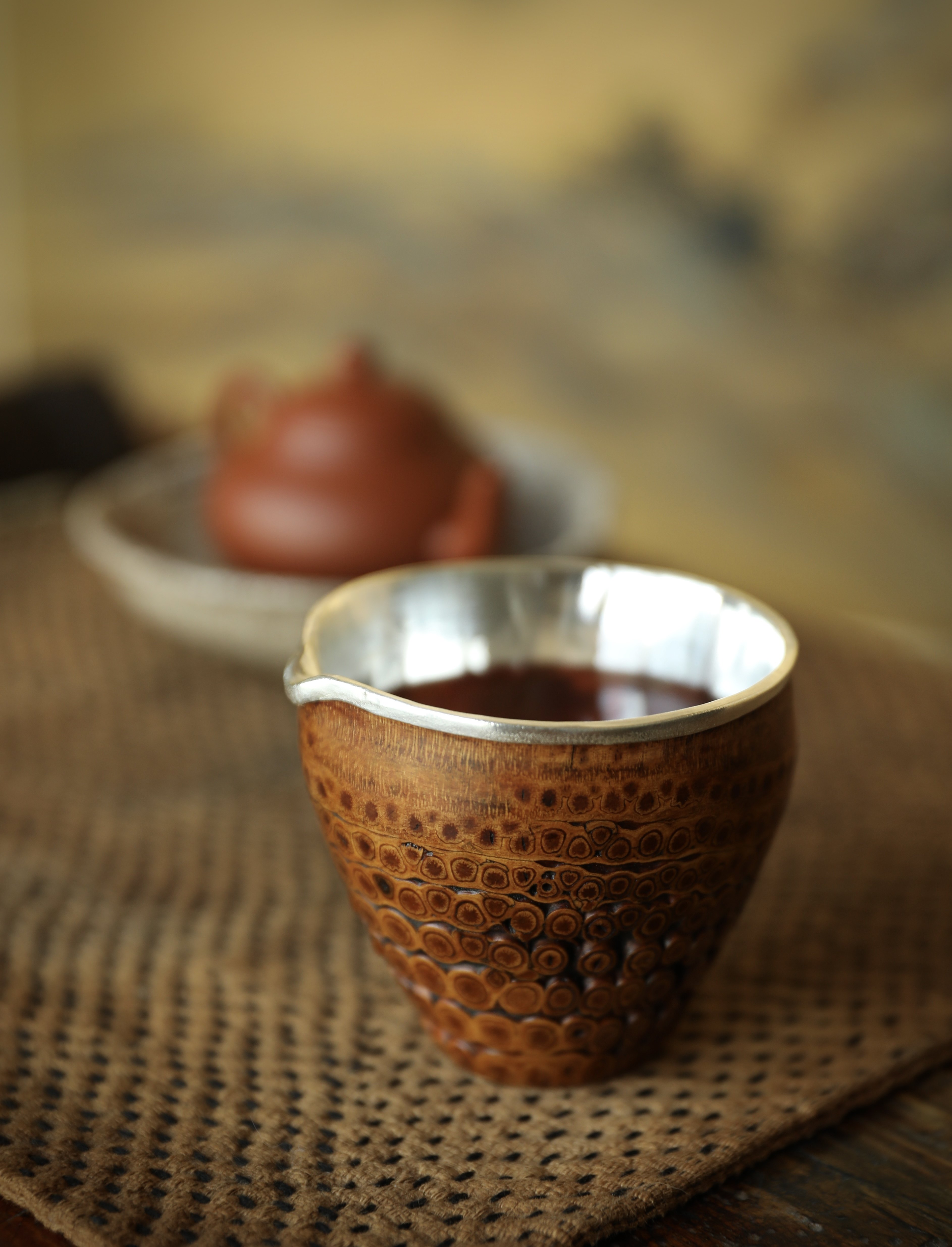 奇竹斋|手工纯天然包银竹根公道杯分茶器公杯茶道用具