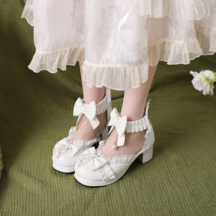 洛丽塔loltia高跟粗跟串珠包头凉鞋学生萝莉软妹公主仙女白色鞋子