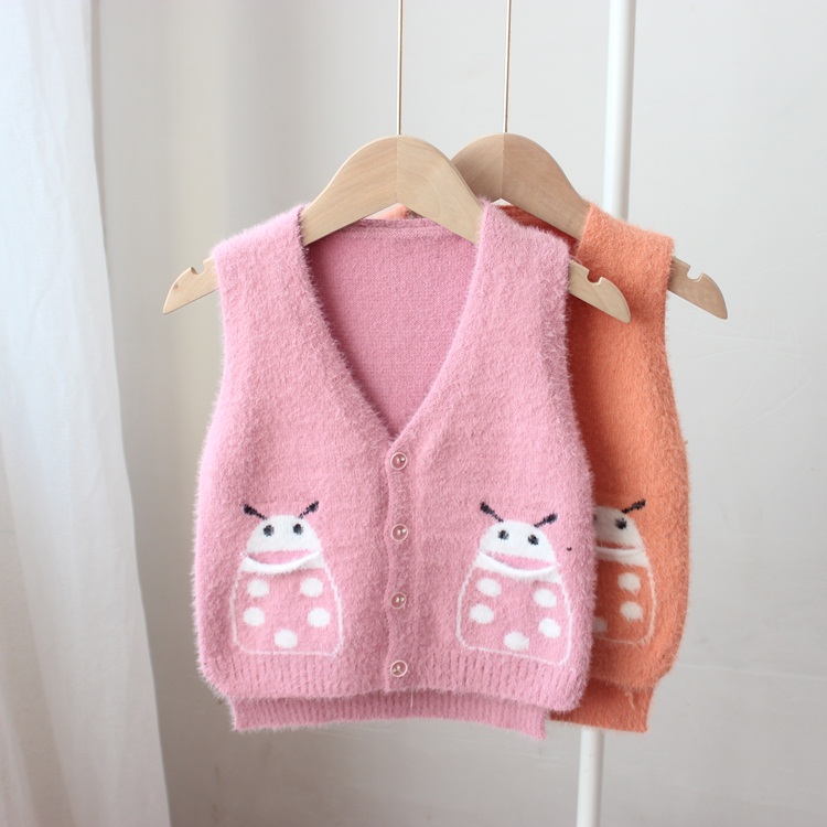 儿童毛线马甲女童仿貂绒背心马夹宝宝中小童卡通可爱毛线衣针织衫