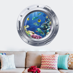 海底世界 3D立体复古风景船窗画贴 卧室冰箱洗衣机儿童房墙贴画纸