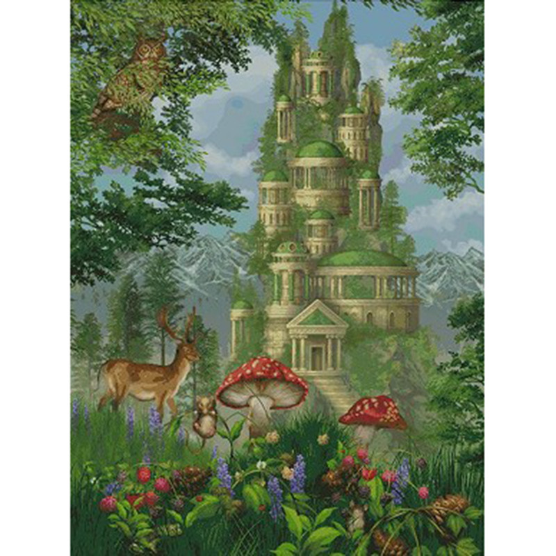 新款印花法国dmc十字绣套件客厅玄关欧式风景hae梦幻之城绿色城堡