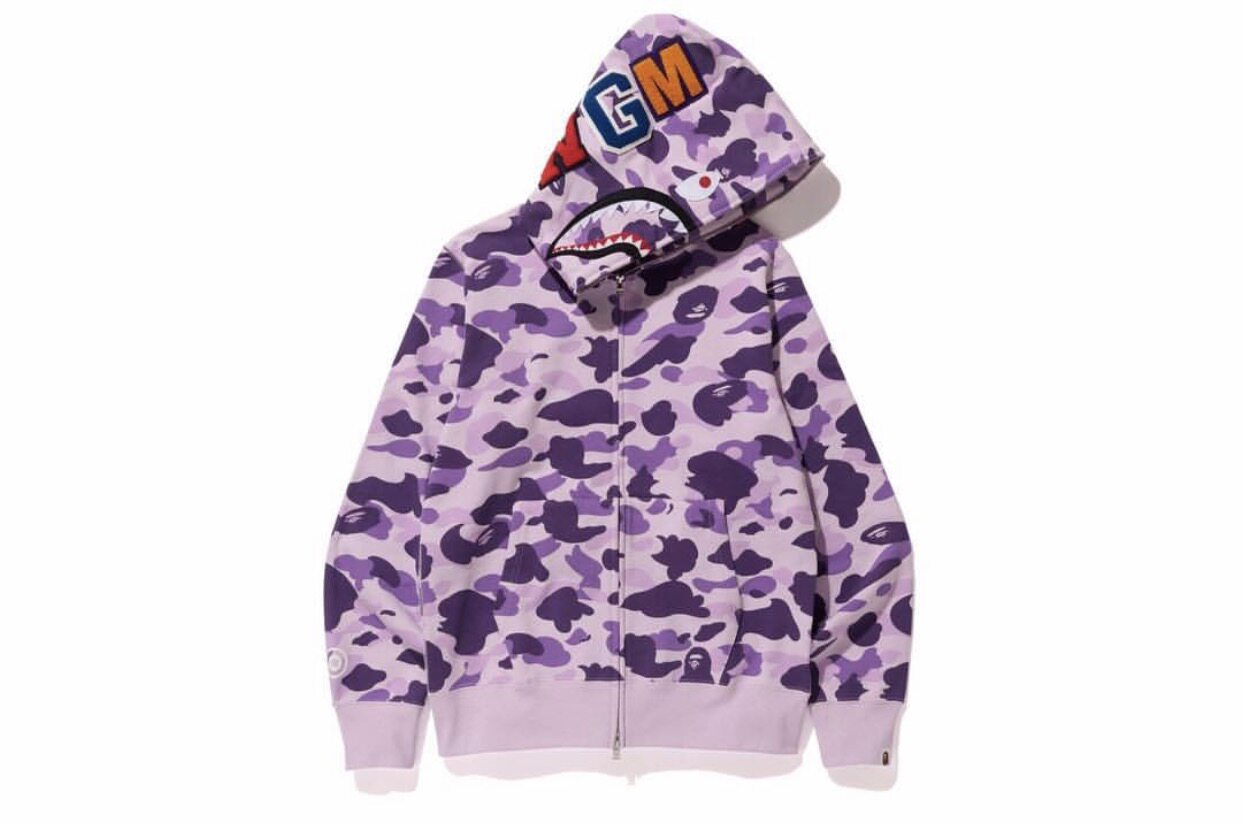 热销bape外套_国内现货 bape taipei 台北 10周年 紫迷彩 鲨鱼 卫衣