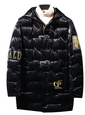 酷黑漆皮面冬潮流帅气中长款羽绒服