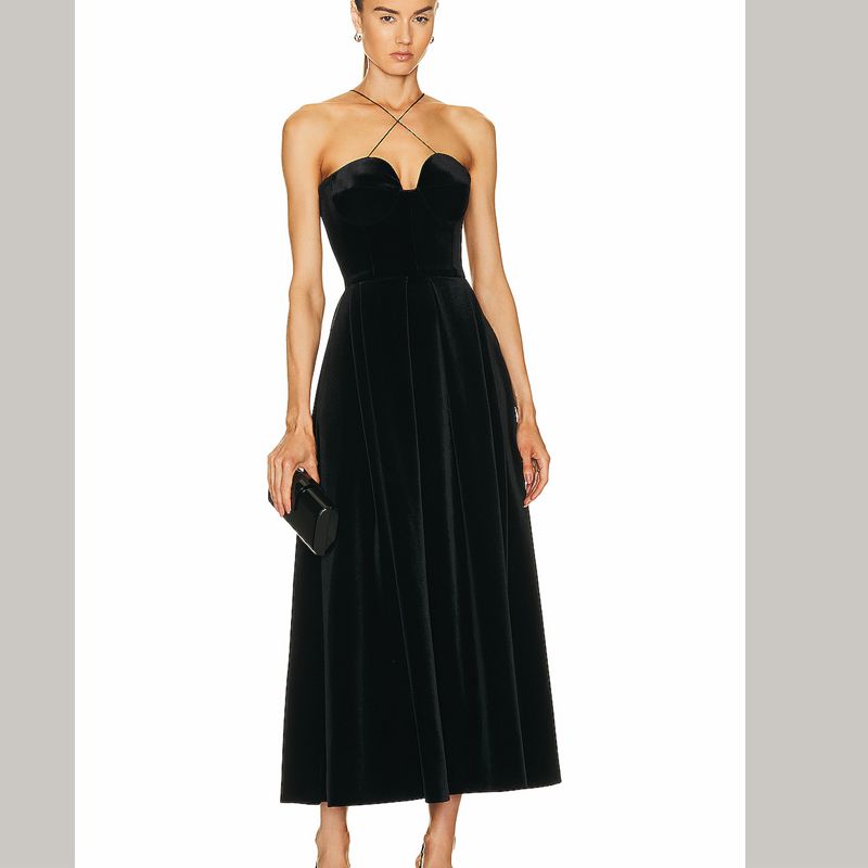 黑色金丝绒晚礼服裙2023新款显瘦气质优雅生日主持年会吊带连衣裙