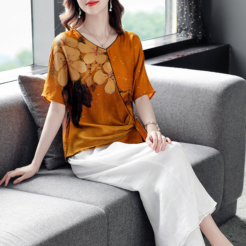 真丝套装女中年妈妈洋气减龄夏装40岁50阔太太桑蚕丝香云纱两件套