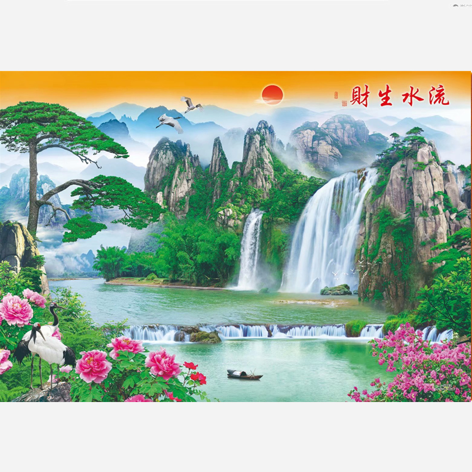 风水流水俩包贴画生财装饰画年画墙画家居客厅现代装饰画