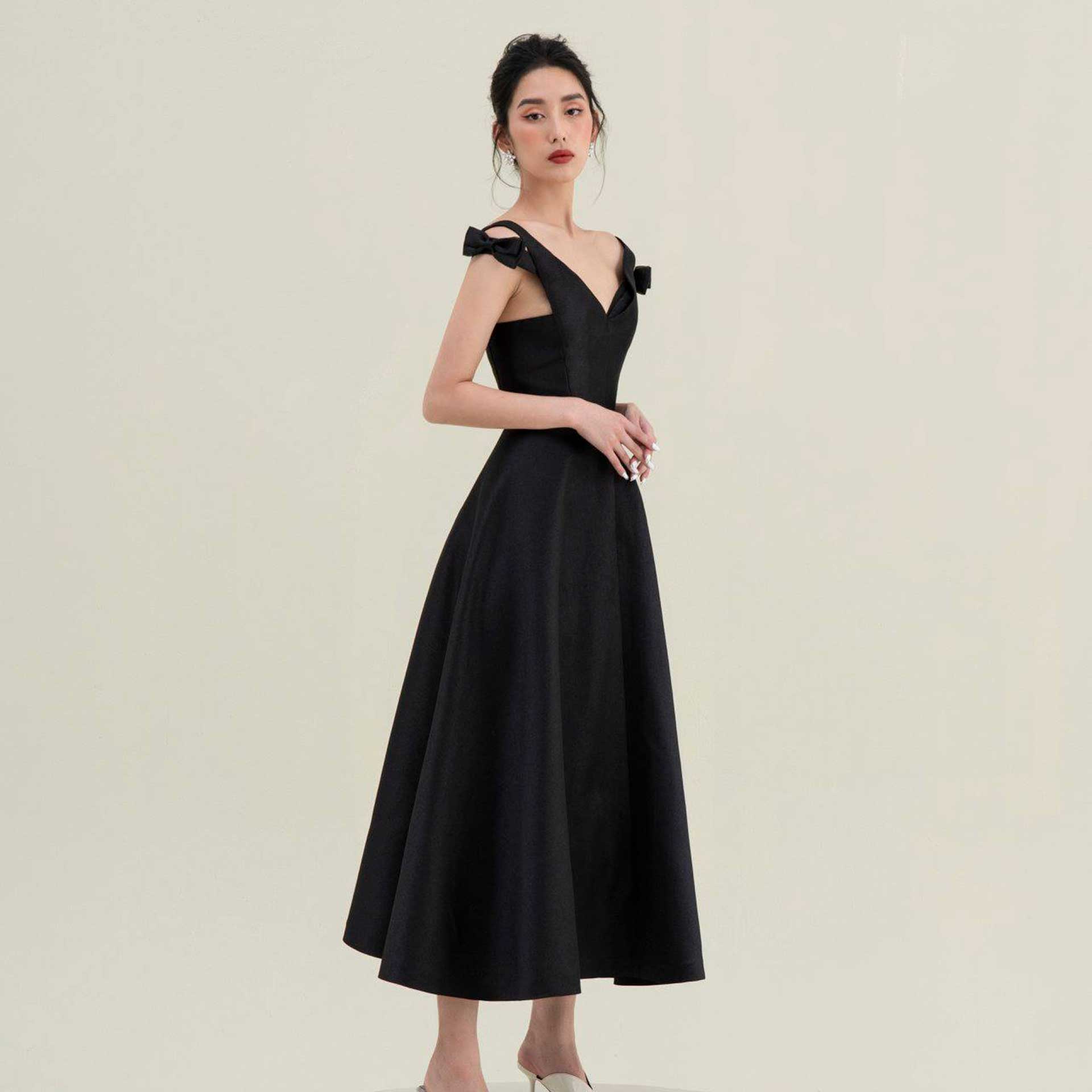 cici越南小众设计师品牌2021夏季新款暗黑系赫本蝴蝶结长款连衣裙