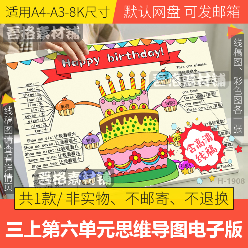 英语三年级上册第六单元思维导图生日快乐手抄报模板电子版线稿a3