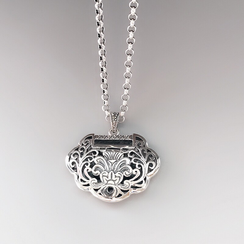 包邮 大气女毛衣链吊坠祥云锁925纯银复古泰银挂件镂空祈福大小坠子