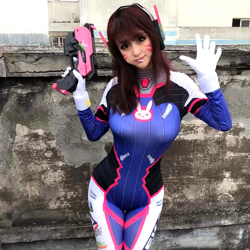 守望先锋dva宋哈娜连体紧身衣服耳机粉抢cosplay女网红性感泳衣