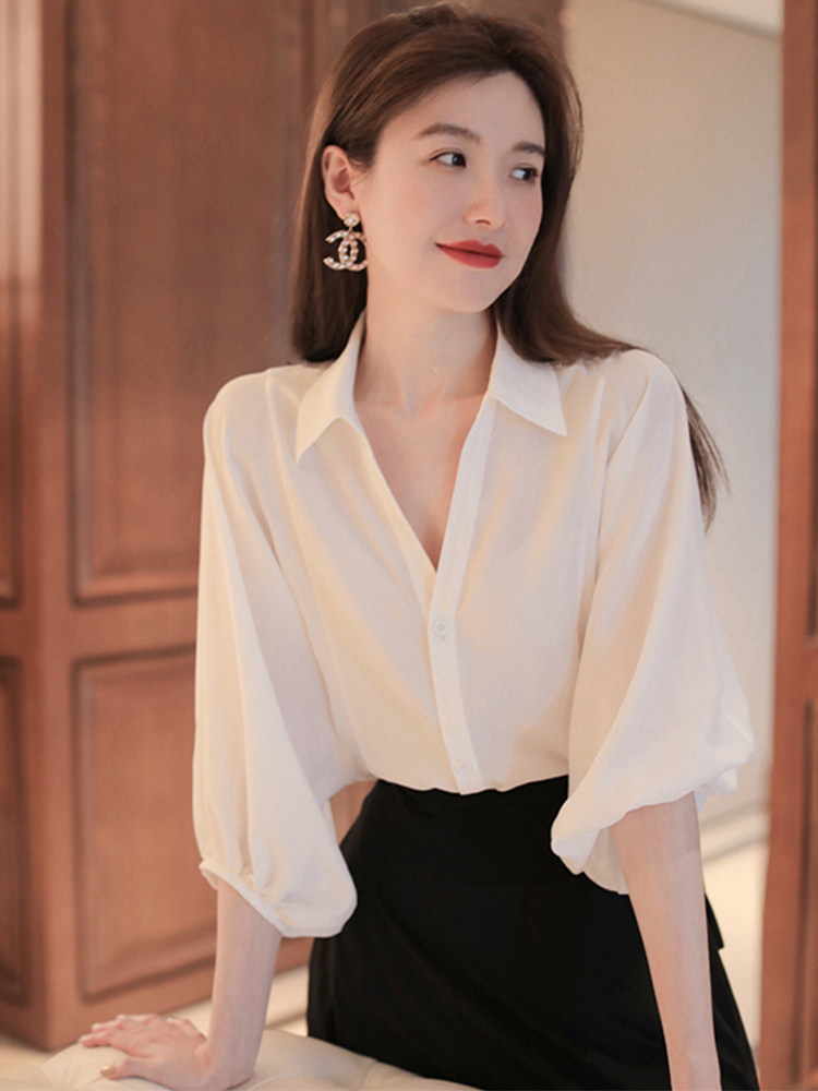 设计感雪纺衬衫泡泡袖白色v领上衣女士2022春夏宽松别致小众衬衣