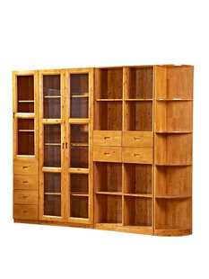 现代中式全实木书柜整墙原木带玻璃门家用储物柜书房家具落地书架