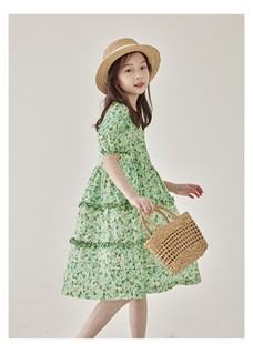女童绿色连衣裙夏季儿童装裙子2024新款夏装洋气公主裙女孩碎花裙