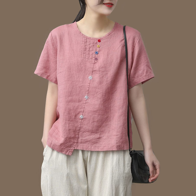 文艺复古棉麻上衣夏季新款休闲宽松大码女装绣花短袖t恤亚麻小衫
