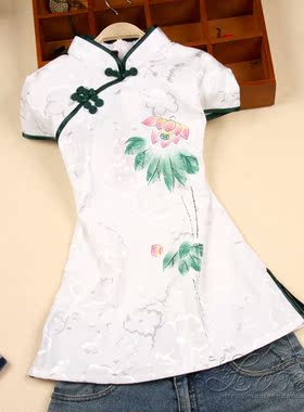 手绘荷花白色唐装汉服上衣中式旗袍