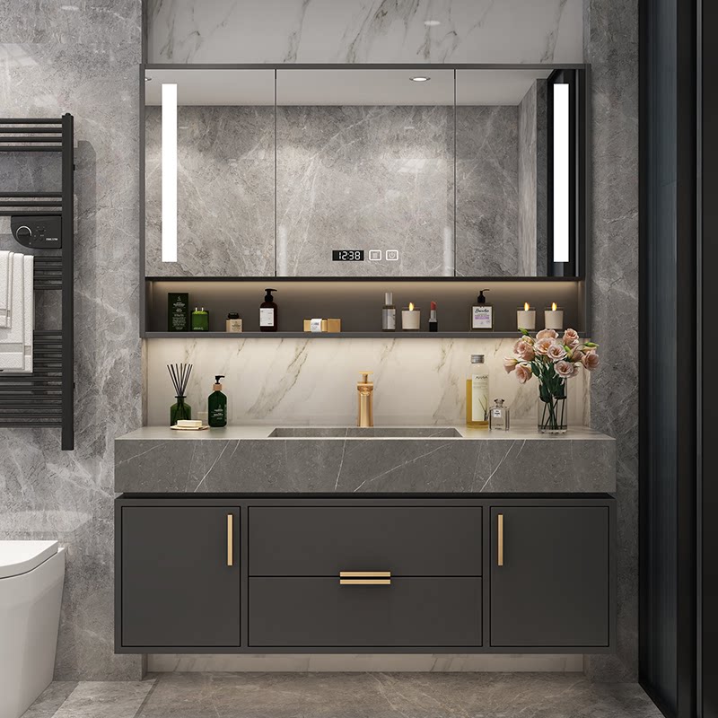 岩板一体双盆轻奢浴室柜组合北欧卫生间现代简约洗漱洗脸手台盆柜