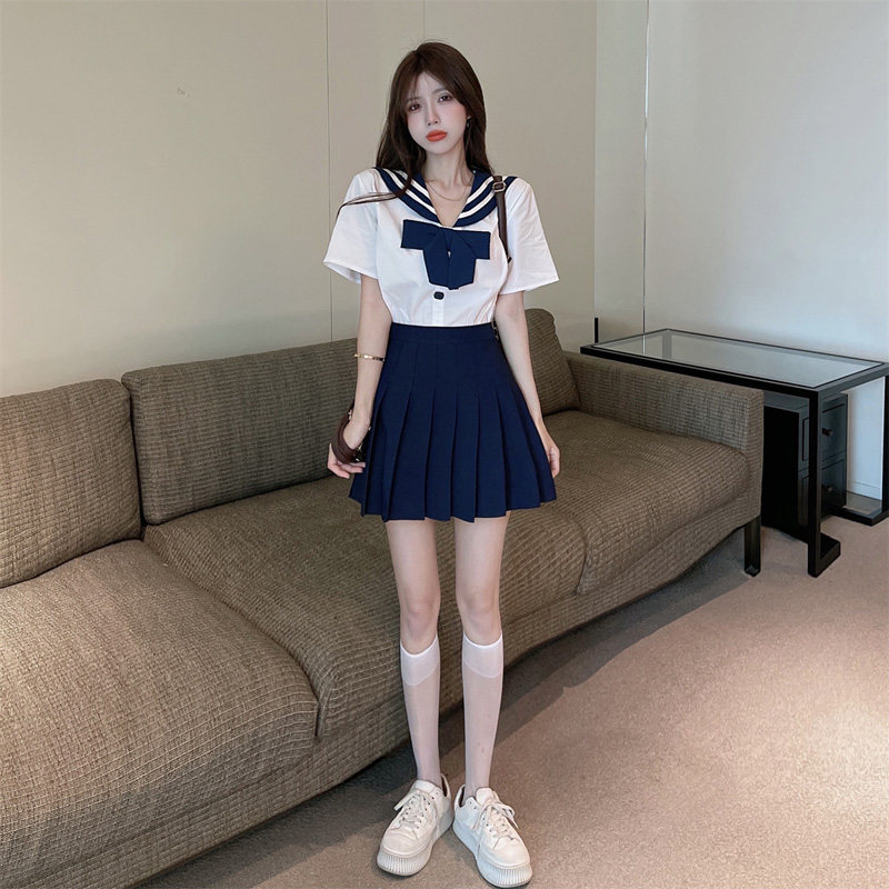 配百褶裙的上衣搭配夏2021套装裙甜辣水手服海军风t恤jk制服全套