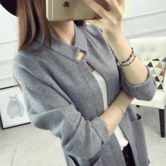 2016秋季新款韩版中长款口袋纯色大衣外套宽松针织衫开衫毛衣女潮