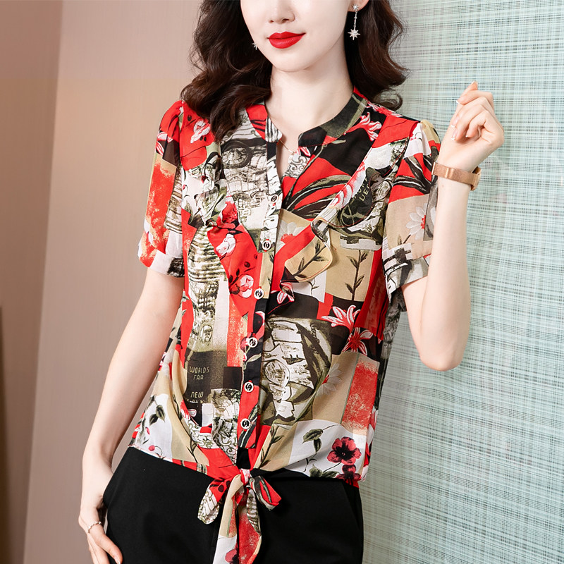 实拍2021夏季新款时尚立领短袖上衣个性印花高端雪纺衫衬衫女