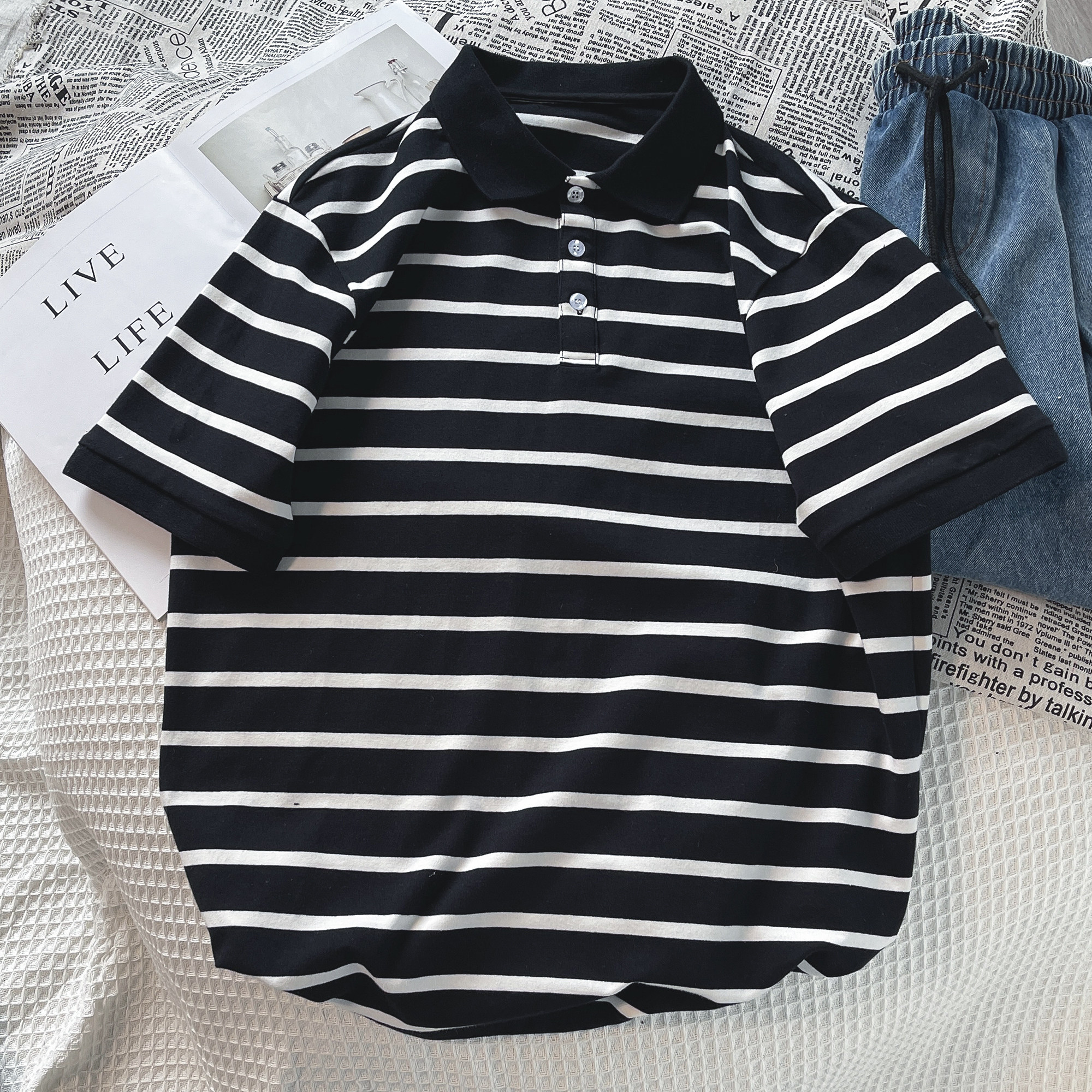 夏季男士短袖t恤衣服潮牌黑白条纹polo衫半袖宽松纯棉翻领保罗衫