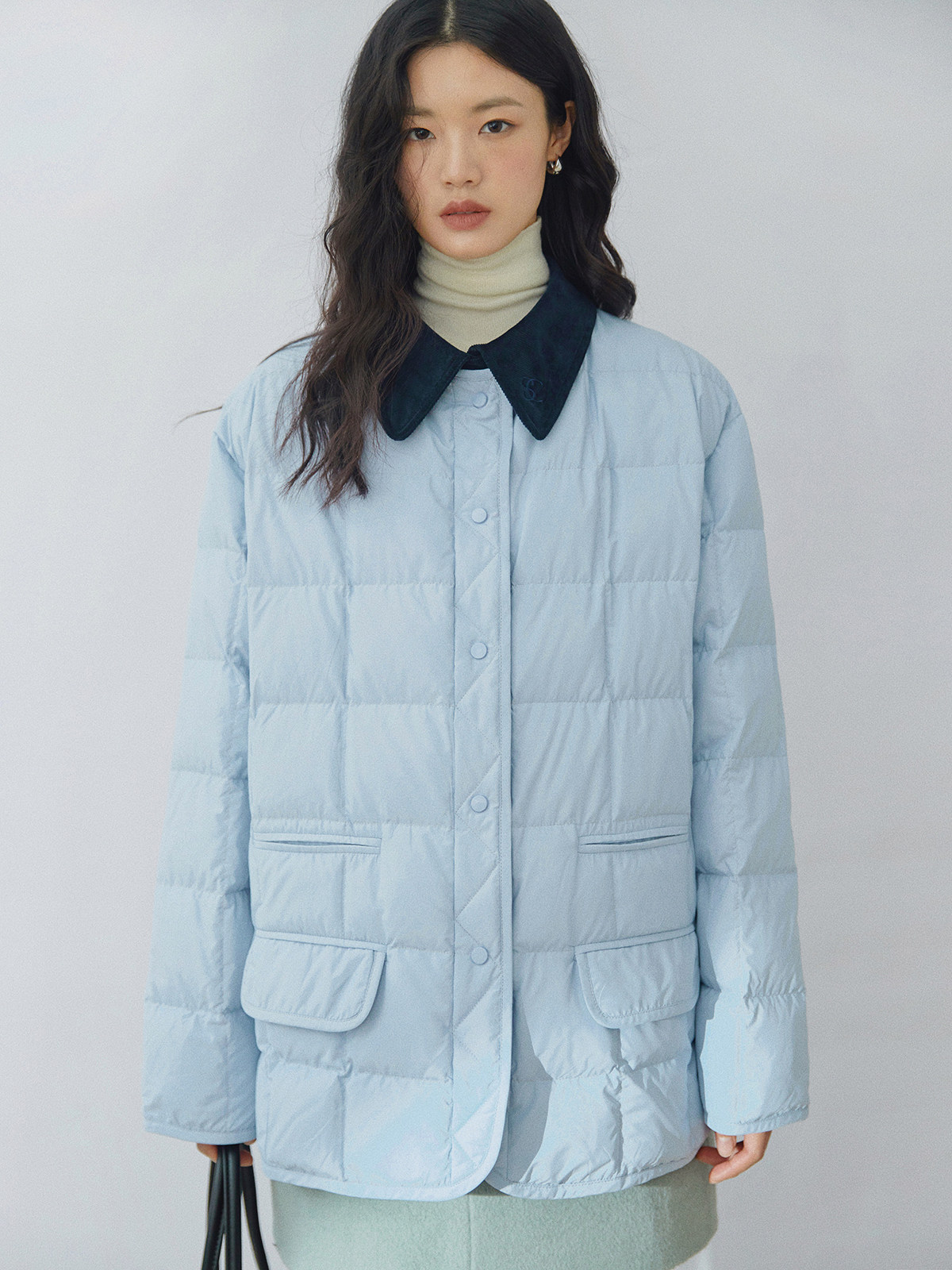 square circle方圆设计雾霾蓝白鸭绒廓形可拆卸领子轻薄羽绒服
