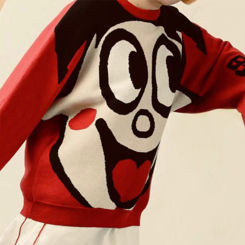 旺旺联名潮牌毛衣女2018秋冬红色卡通旺仔牛奶圆领针织衫情侣外套