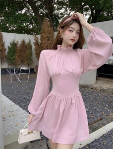 Real price real shot fungus edge stand collar bubble long sleeve backless hollow out high waist slim dress