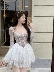 Real price real shooting pure desire for style square collar lace long sleeve high waist thin fluffy skirt mesh dress