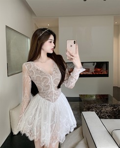 Real price and real shooting pure Style Lace Long Sleeve V-neck high waist puffy skirt dress