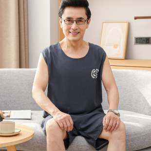 背心男士睡衣棉绸爸爸人造棉家居服夏季薄款纯色中老年人棉绸套装