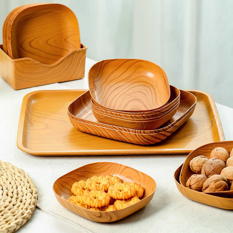 新款木纹中式家用餐桌吐骨碟方形盘小吃干果零食碟茶艺盘零食盘