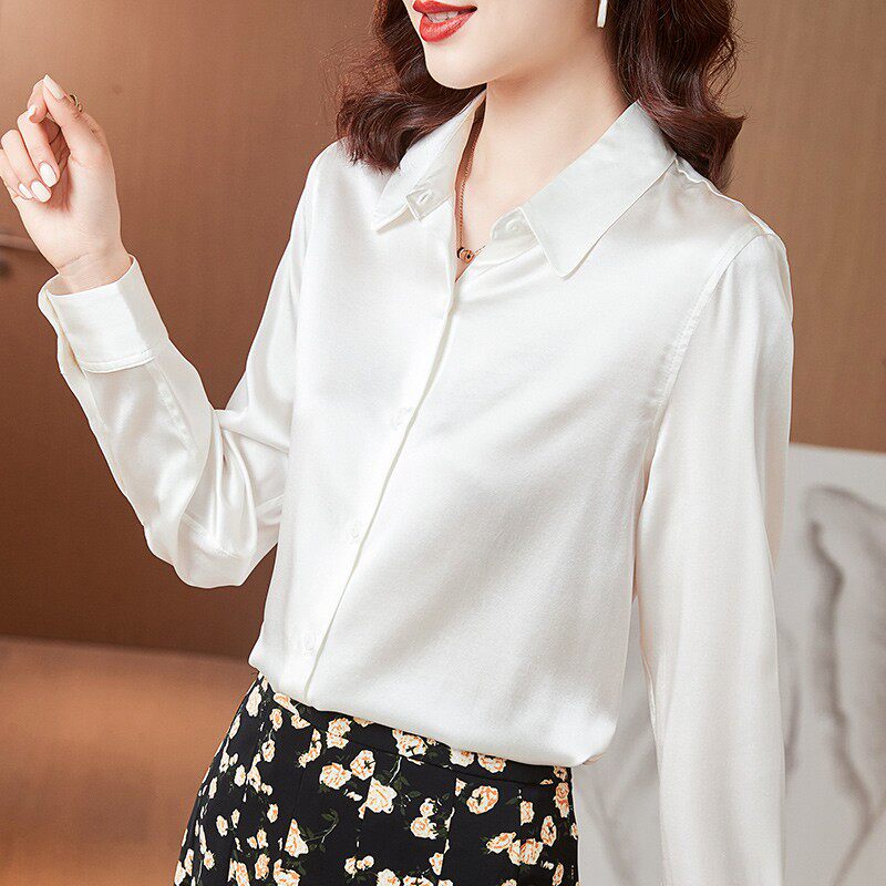 100%真丝白色女衬衫时尚桑蚕丝气质衬衣长袖缎面高级春夏重磅上衣
