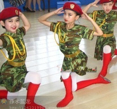 定做儿童军绿舞蹈演出服装舞台服女兵服装迷彩裙绿迷彩服