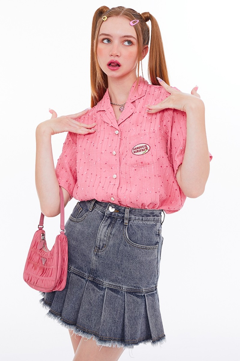 zizifei复古提花短袖衬衫夏季西装领衬衣粉色上衣女宽松设计感