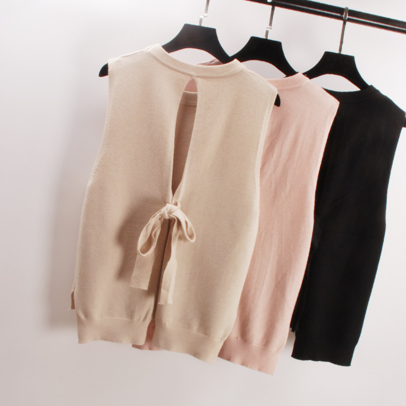 针织背心露背蝴蝶结系带无袖圆领套头毛衣坎肩工字毛线马甲女外穿