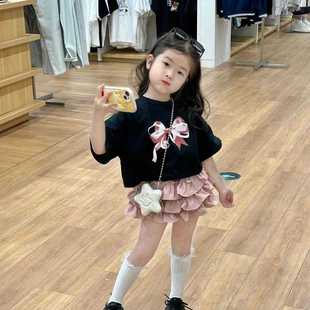 韩国童装2024夏季新款女童蝴蝶结短袖T恤女宝甜美粉色蛋糕裙套装